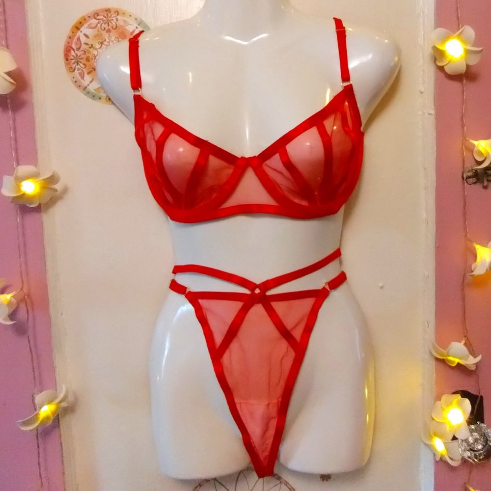 Strappy (S) Red Sheer Mesh and Ribbon Lingerie Set - NWOT